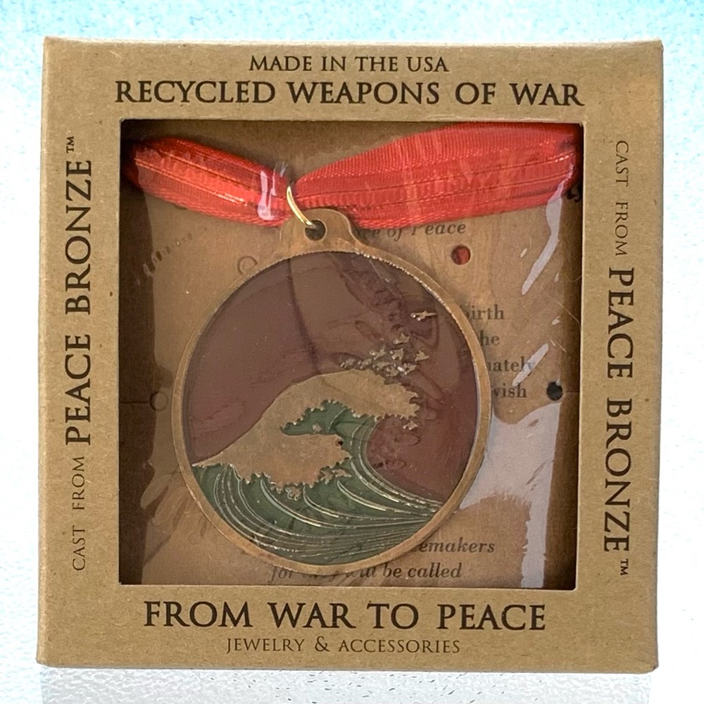 Bronze Ocean Wave Ornament with Ribbon ~ Red Sky/Green Wave